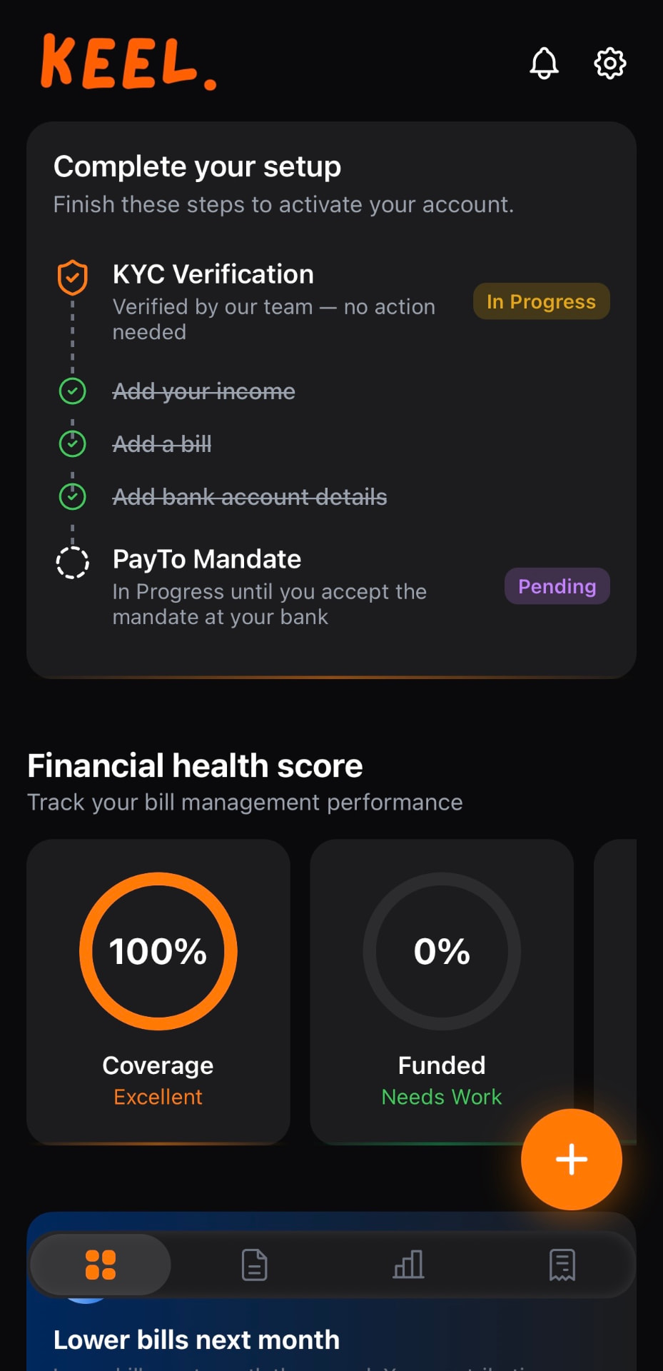 Keel dashboard with account setup steps and financial health score