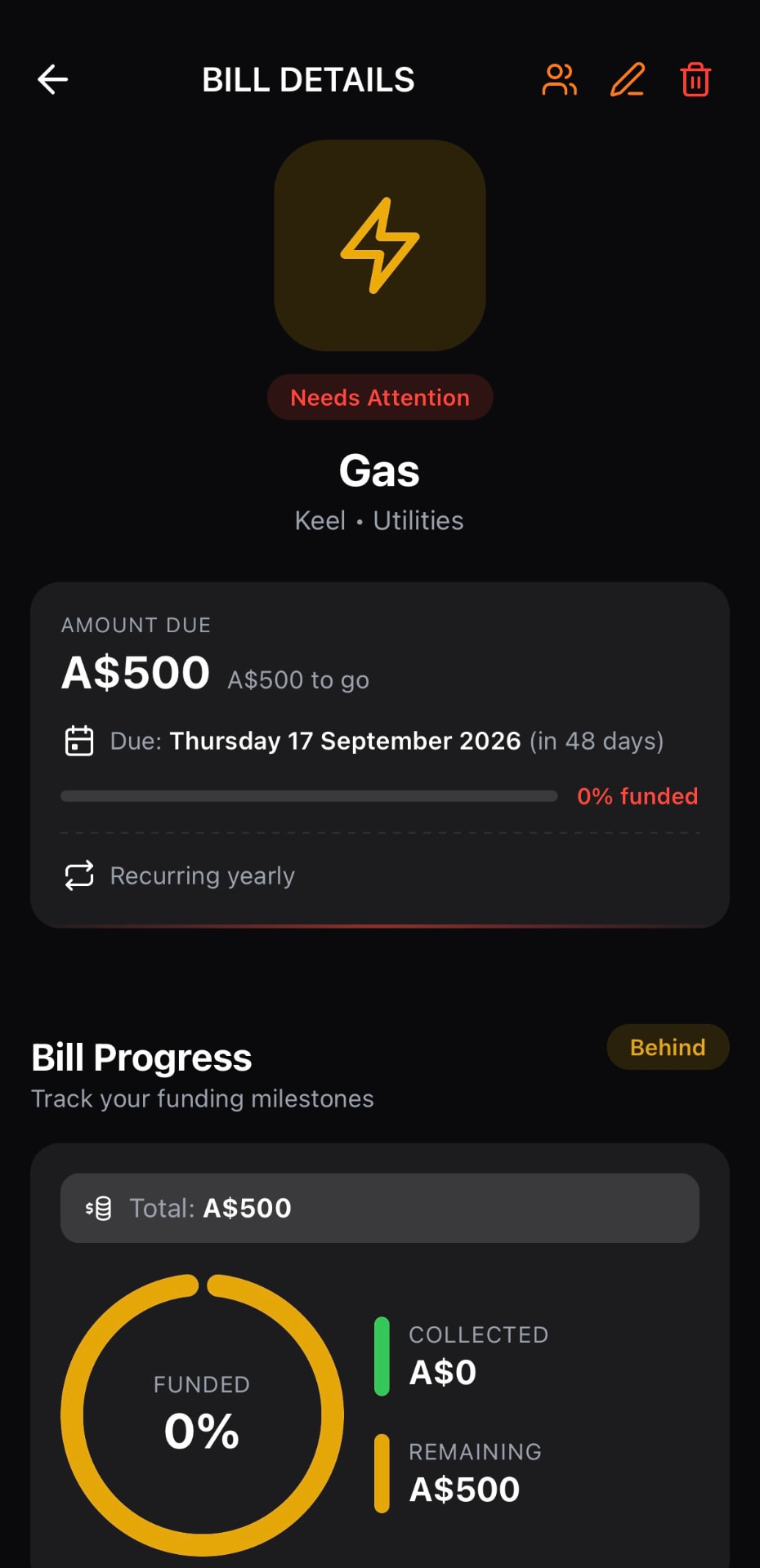 Keel bill details screen showing amount due, due date and funding progress