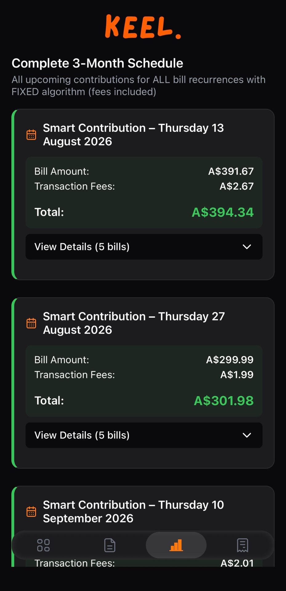 Keel complete 3-month Smart Contribution schedule with fees included