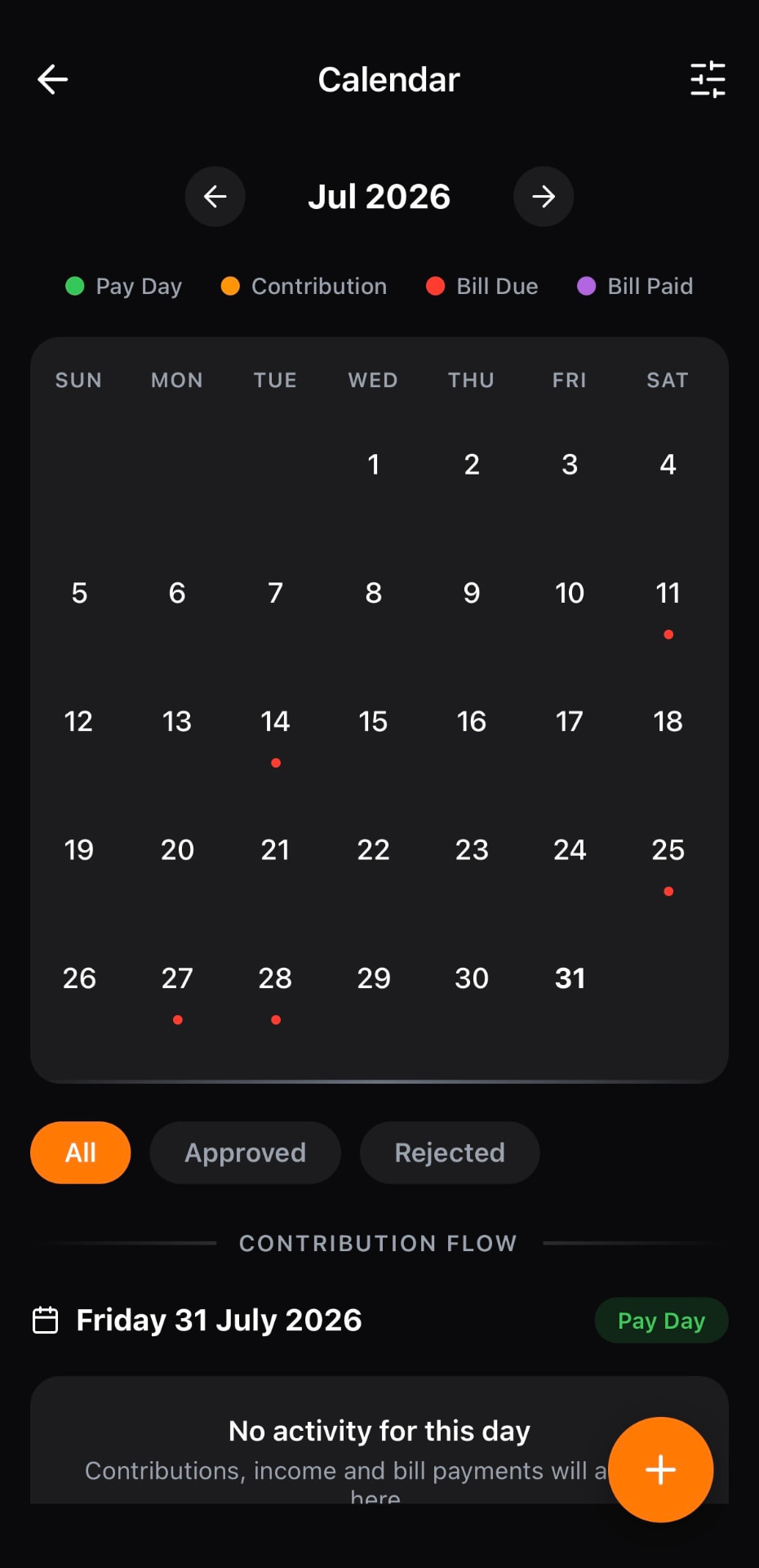 Keel calendar showing pay days, contributions and bill due dates