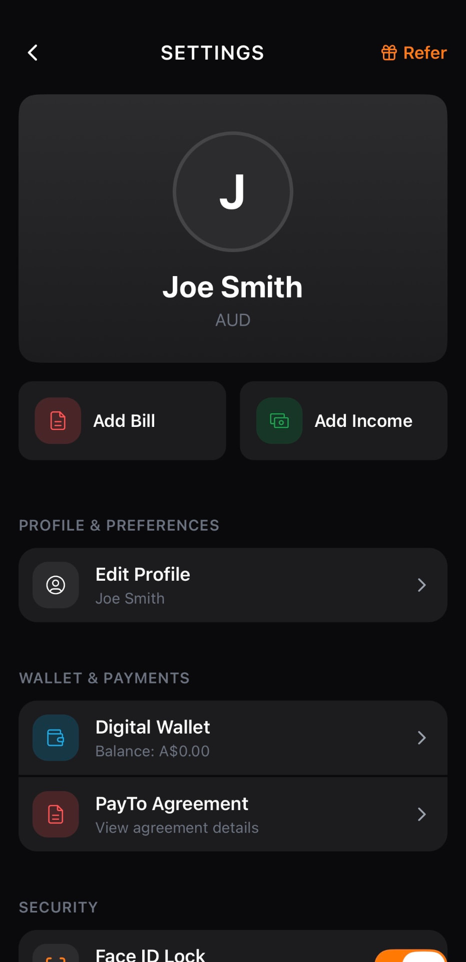 Keel settings screen with digital wallet and PayTo agreement details